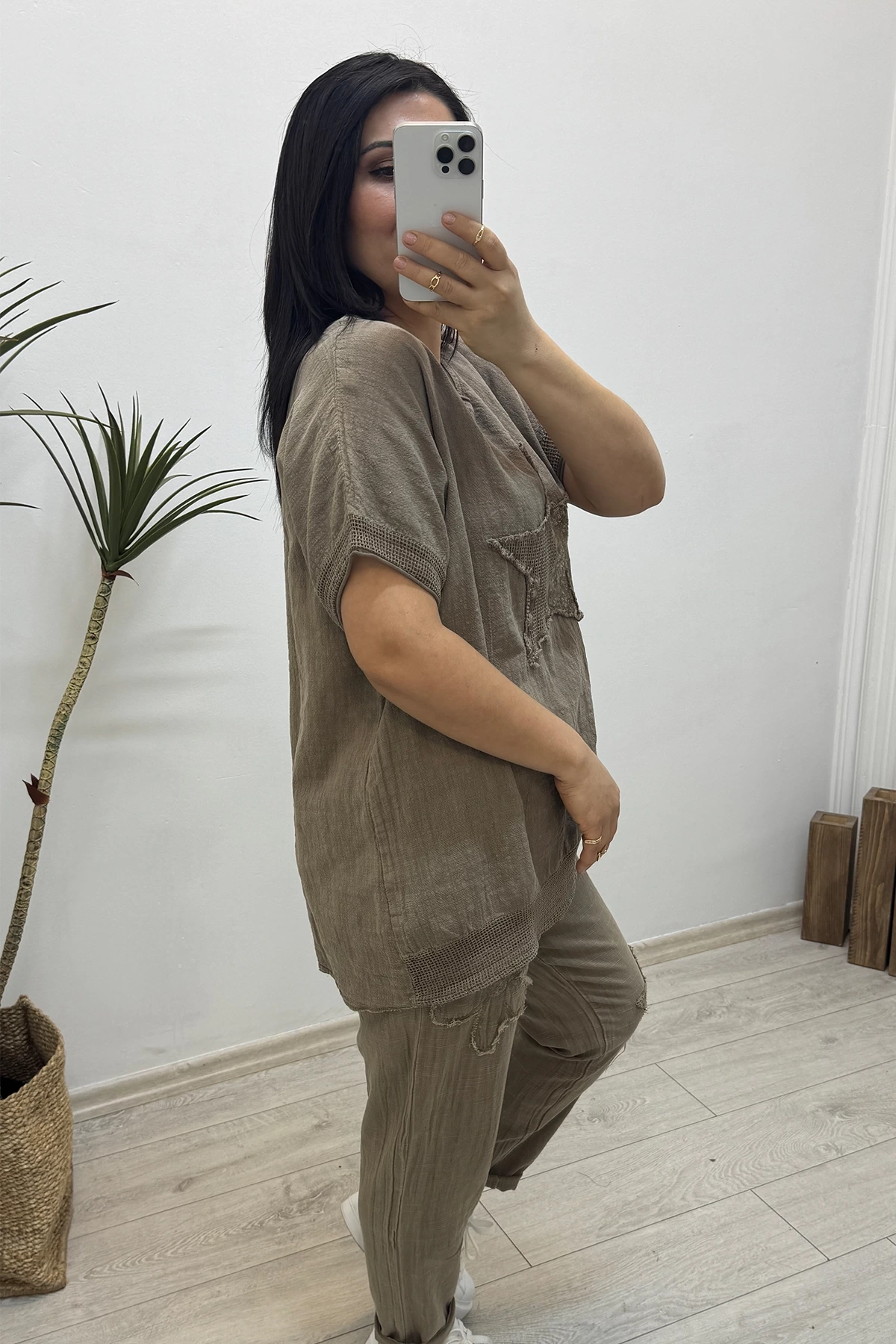 Yıldız Detaylı Kahverengi Keten Takım