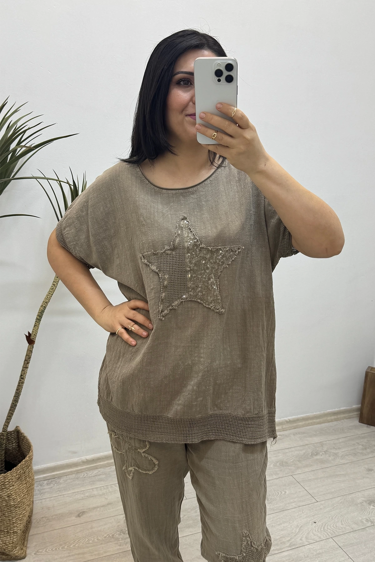 Yıldız Detaylı Kahverengi Keten Takım