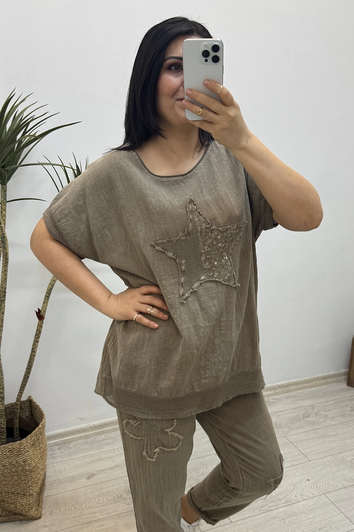 Yıldız Detaylı Kahverengi Keten Takım