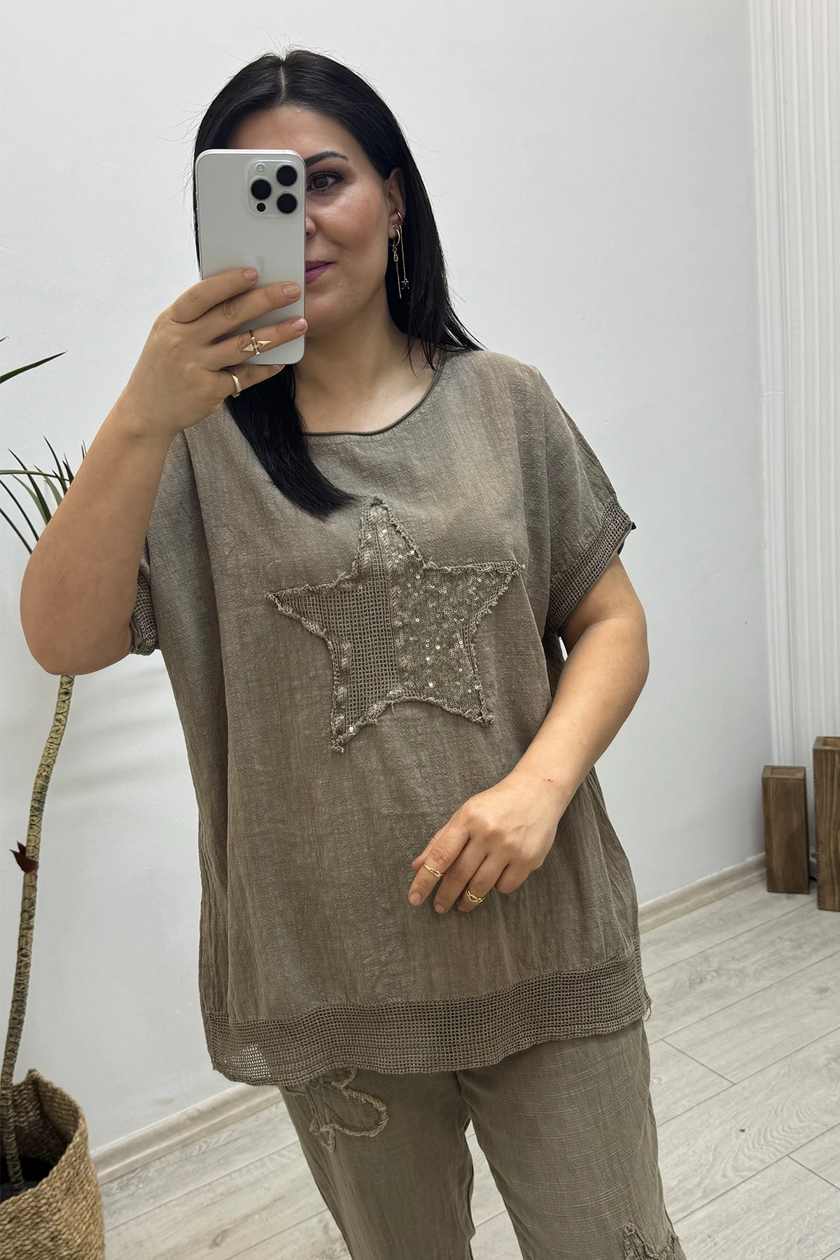 Yıldız Detaylı Kahverengi Keten Takım