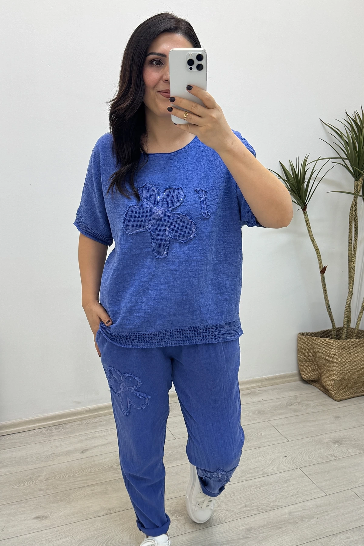 File Detaylı Mavi Keten Takım