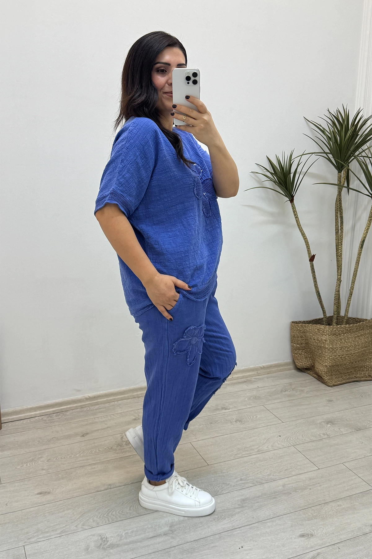 File Detaylı Mavi Keten Takım