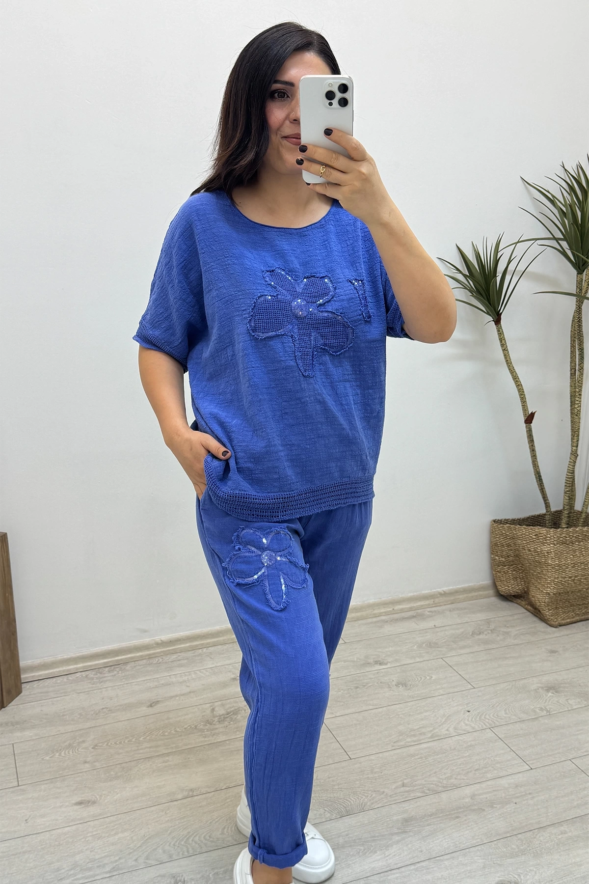 File Detaylı Mavi Keten Takım