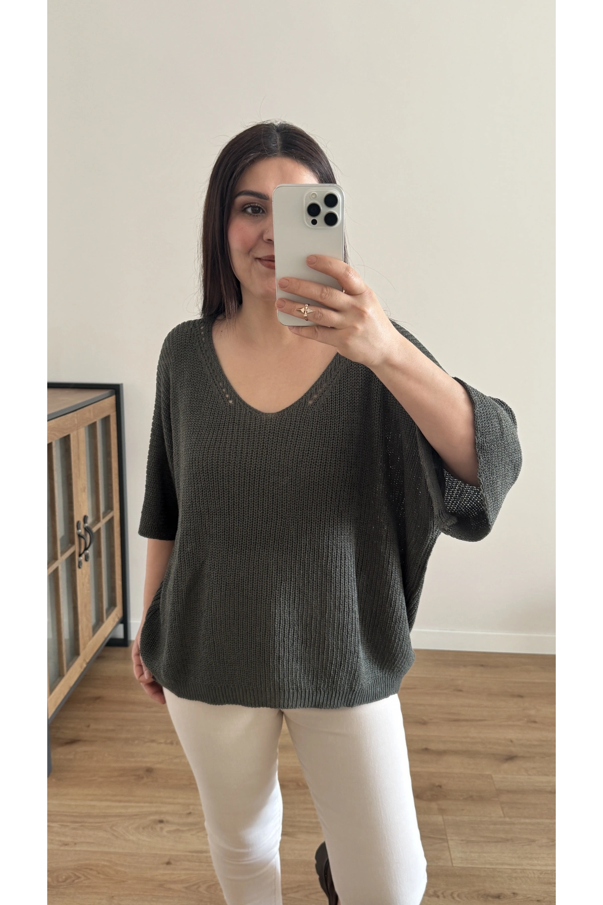 V Yaka Triko Örme Haki Yeşil İthal Bluz