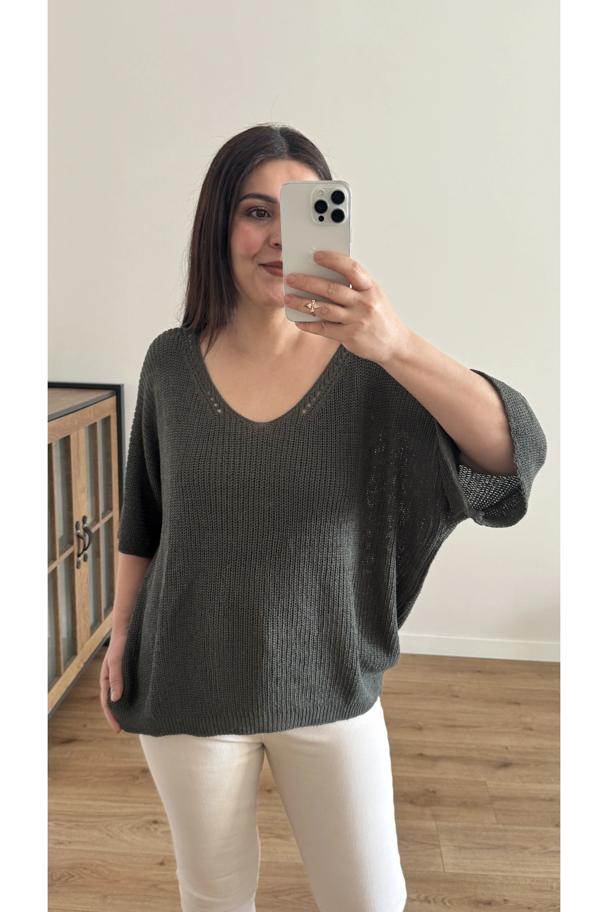 V Yaka Triko Örme Haki Yeşil İthal Bluz