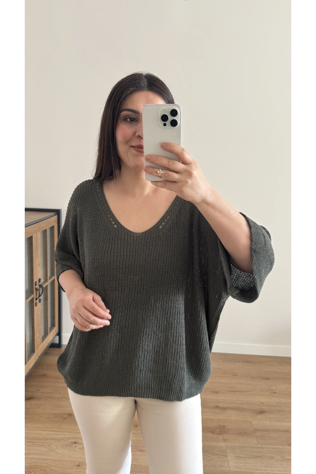 V Yaka Triko Örme Haki Yeşil İthal Bluz