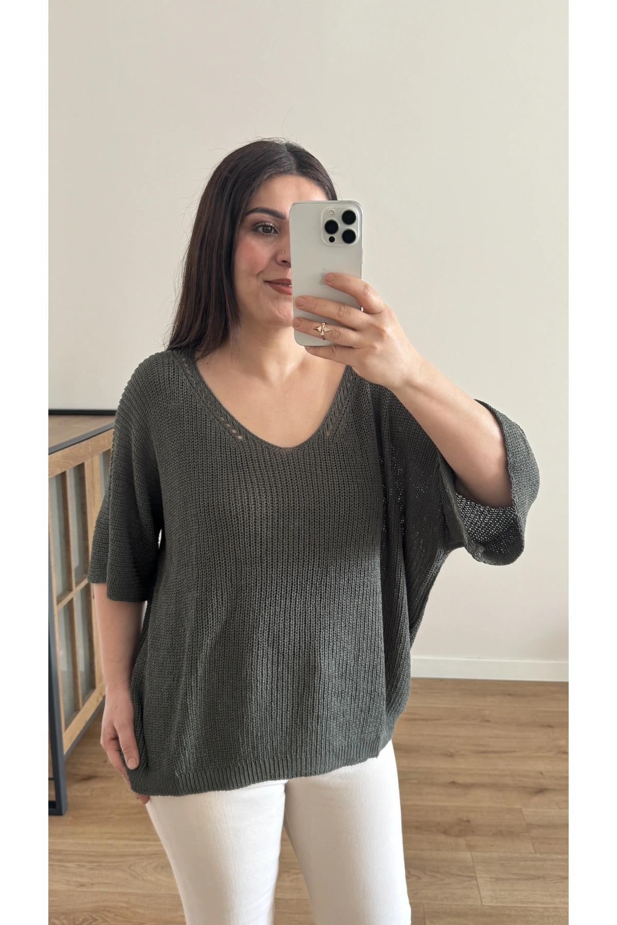 V Yaka Triko Örme Haki Yeşil İthal Bluz