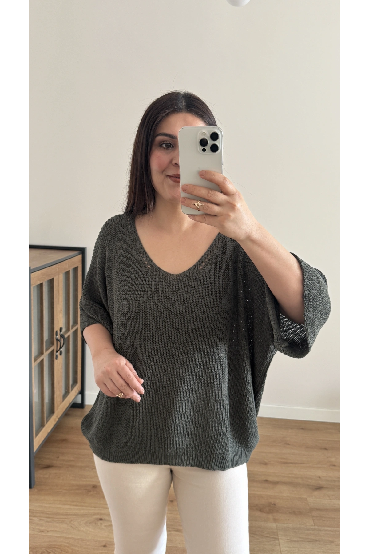 V Yaka Triko Örme Haki Yeşil İthal Bluz