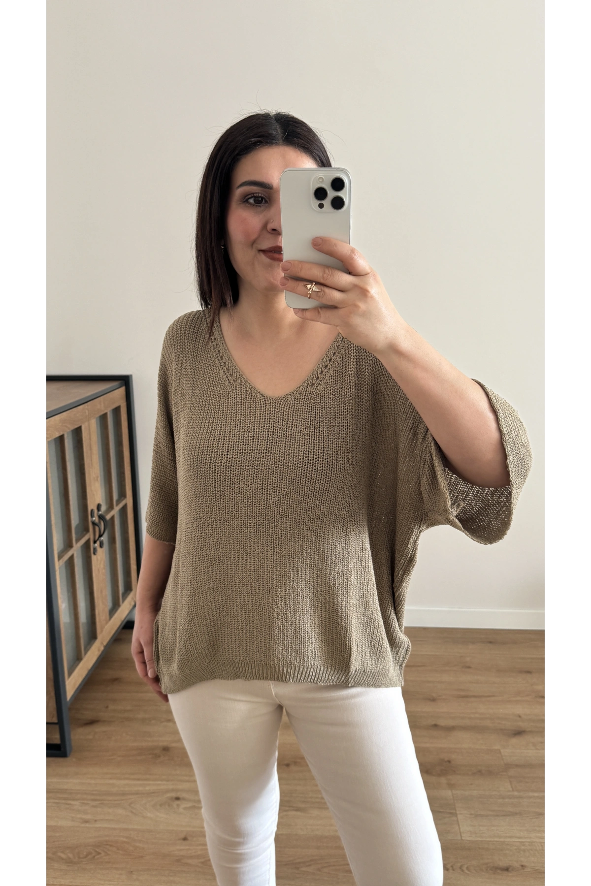 V Yaka Triko Örme Vizon Renk İthal Bluz