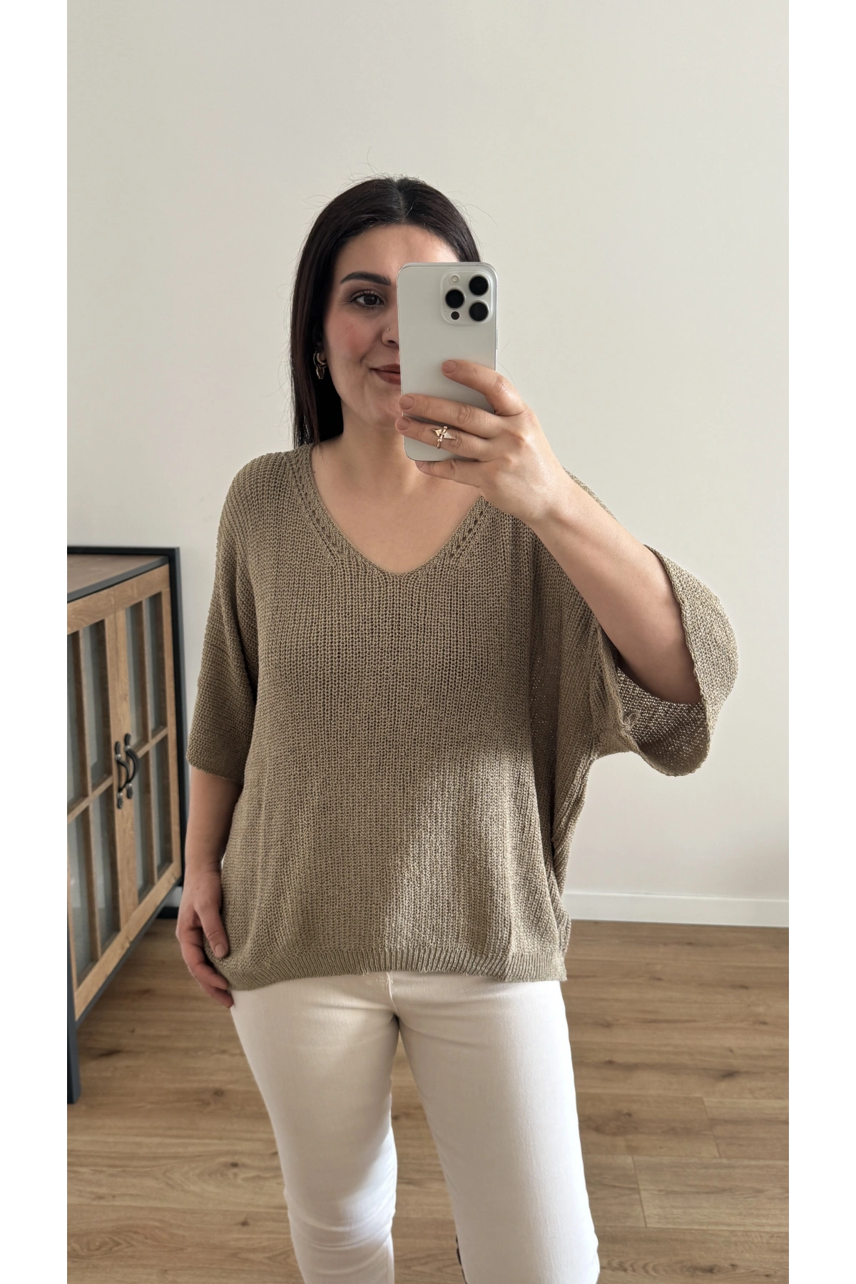 V Yaka Triko Örme Vizon Renk İthal Bluz