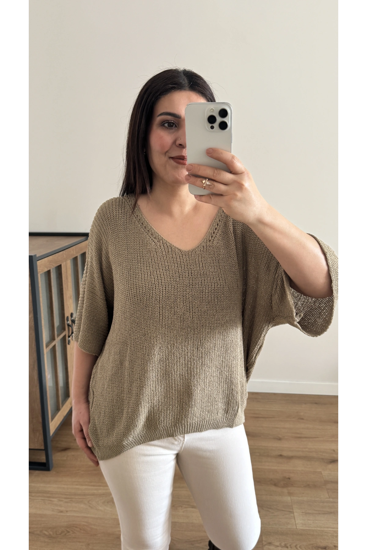 V Yaka Triko Örme Vizon Renk İthal Bluz