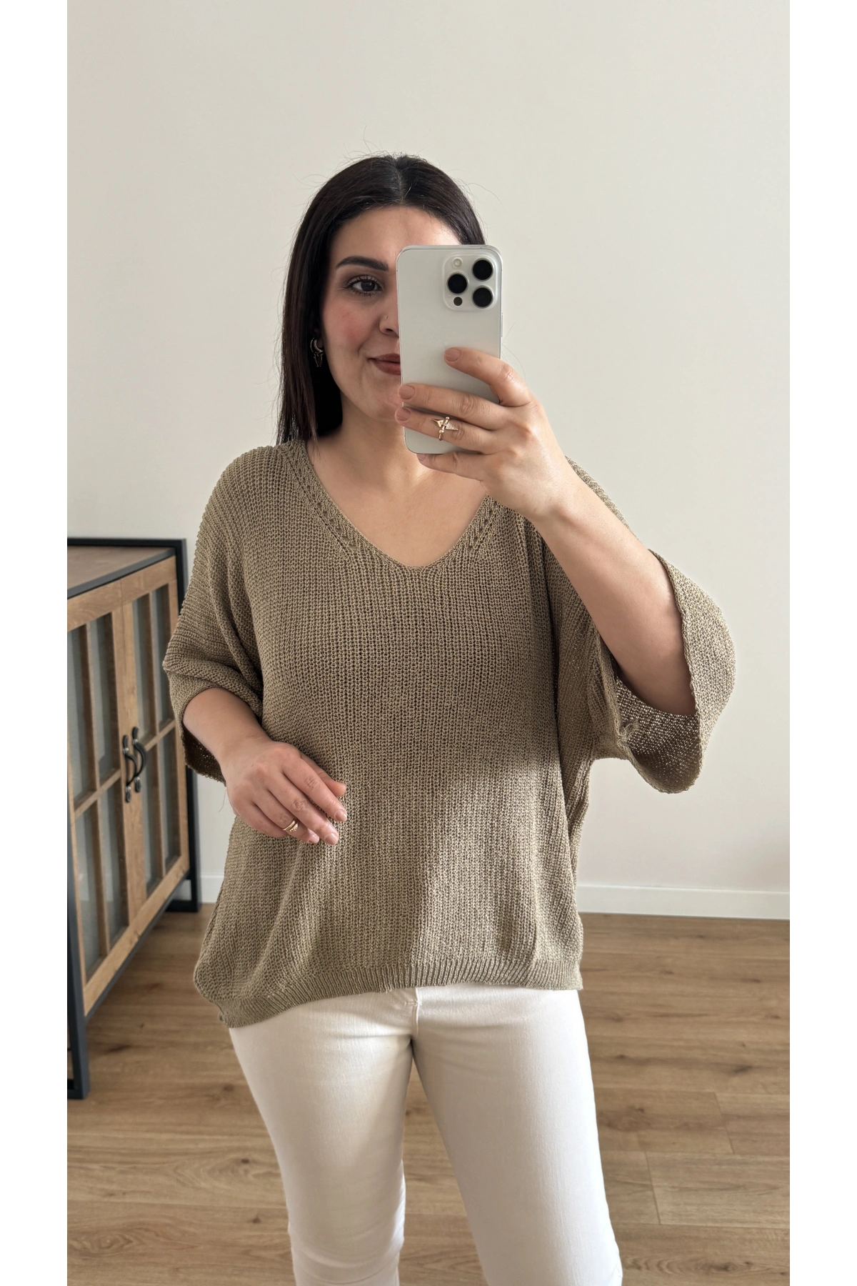 V Yaka Triko Örme Vizon Renk İthal Bluz