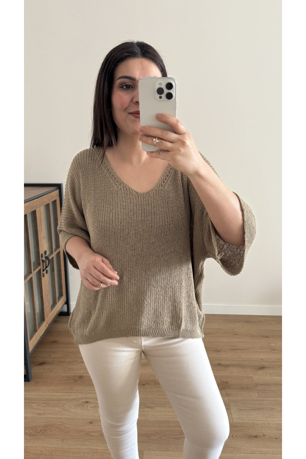 V Yaka Triko Örme Vizon Renk İthal Bluz