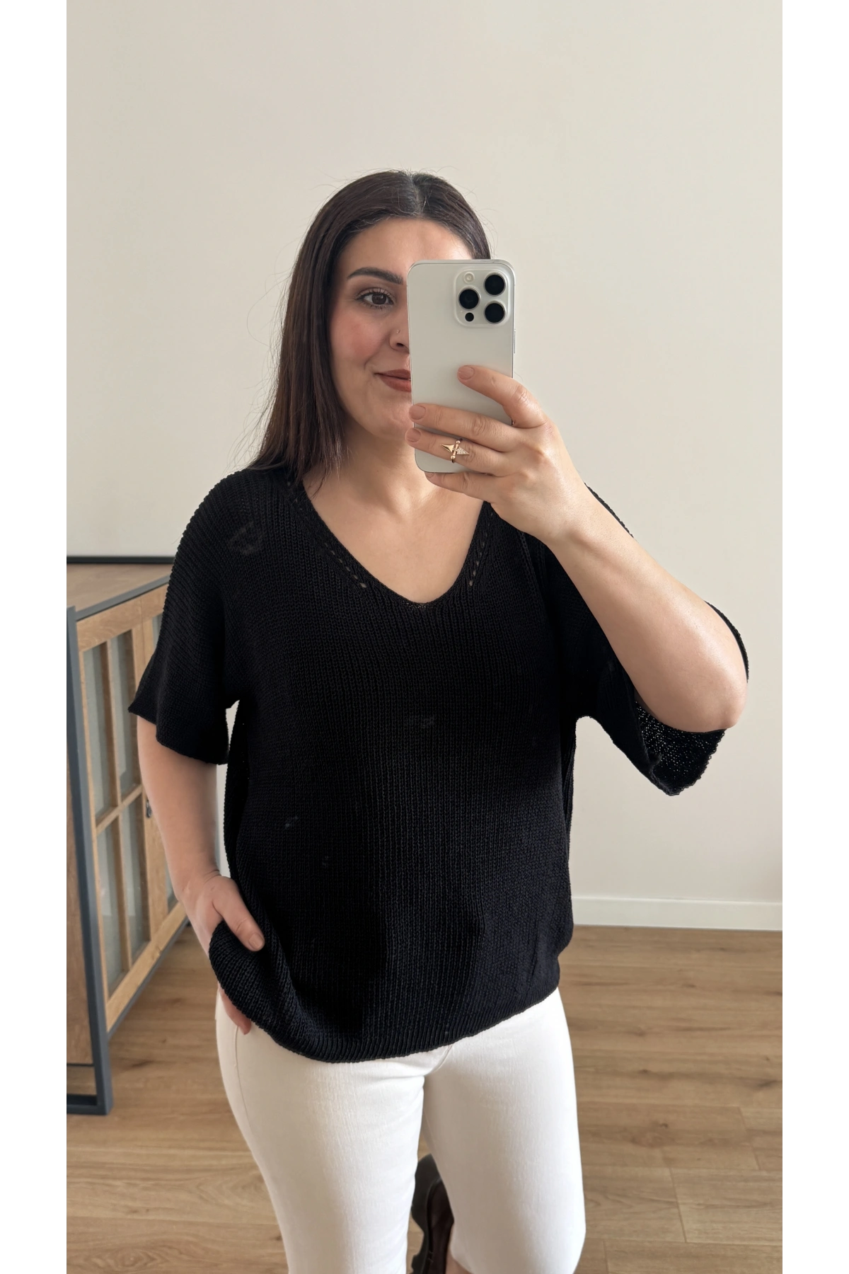 V Yaka Triko Örme Siyah İthal Bluz