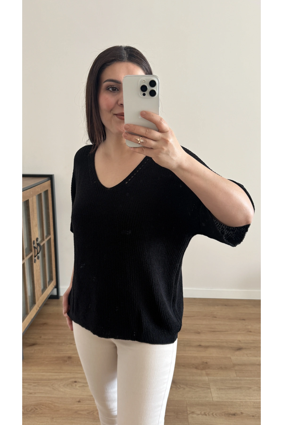 V Yaka Triko Örme Siyah İthal Bluz