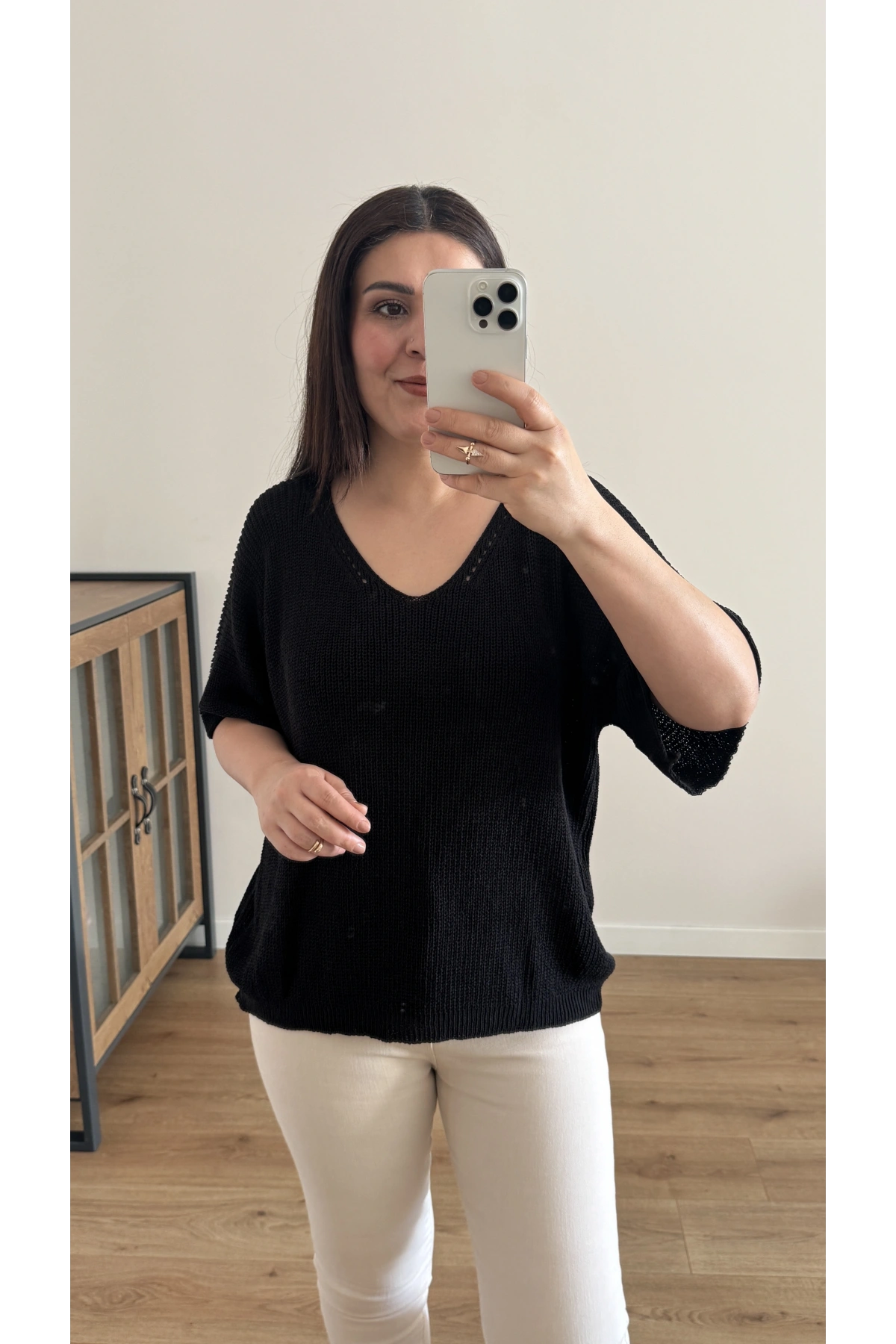 V Yaka Triko Örme Siyah İthal Bluz