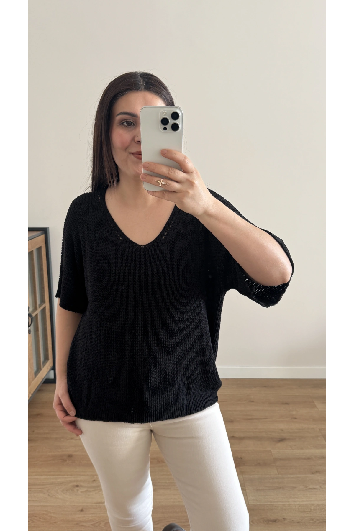 V Yaka Triko Örme Siyah İthal Bluz