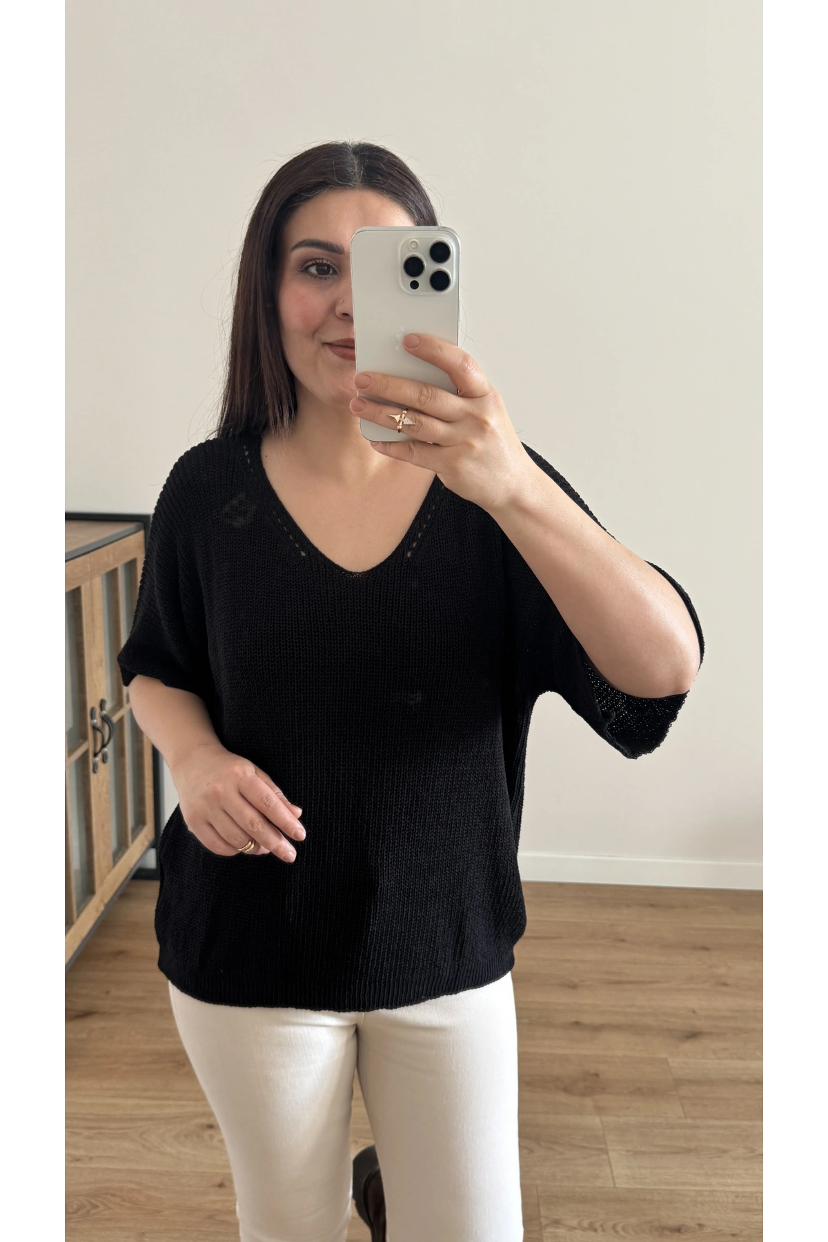 V Yaka Triko Örme Siyah İthal Bluz