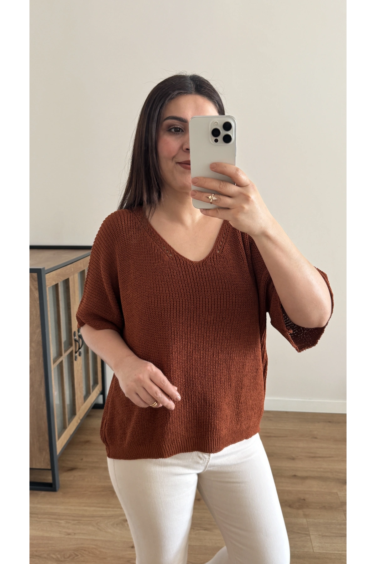 V Yaka Triko Örme Kahverengi İthal Bluz