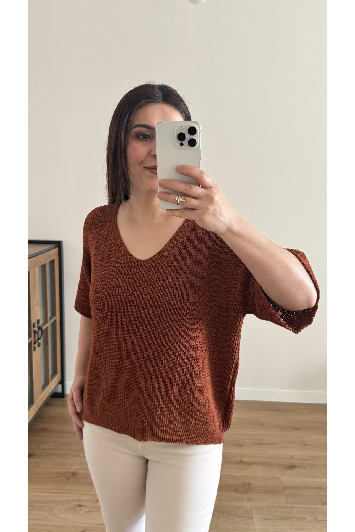 V Yaka Triko Örme Kahverengi İthal Bluz