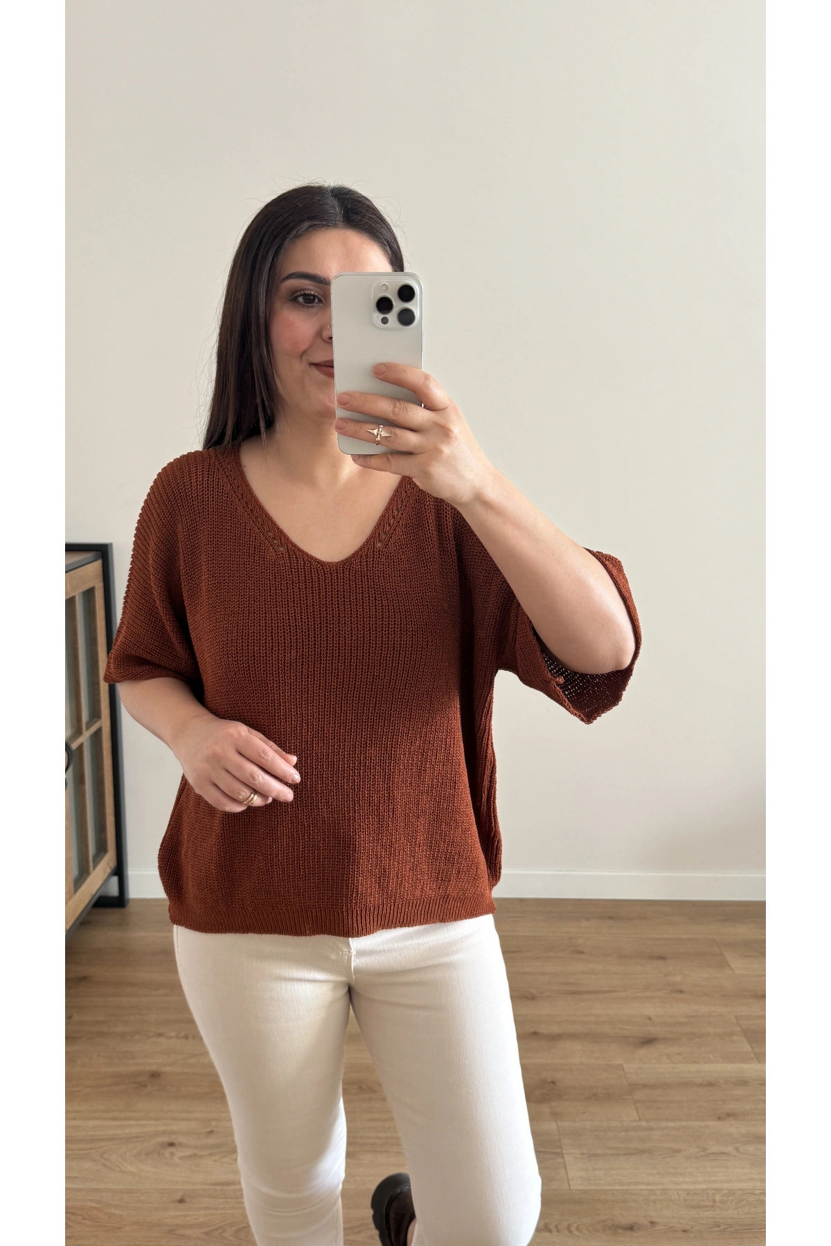 V Yaka Triko Örme Kahverengi İthal Bluz