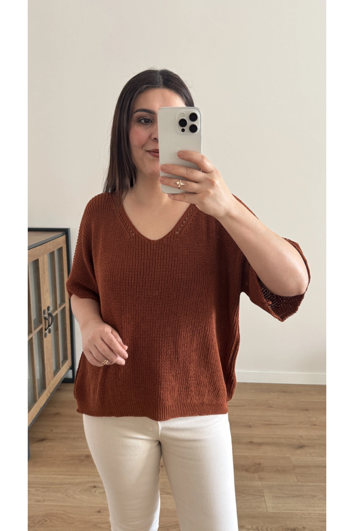 V Yaka Triko Örme Kahverengi İthal Bluz