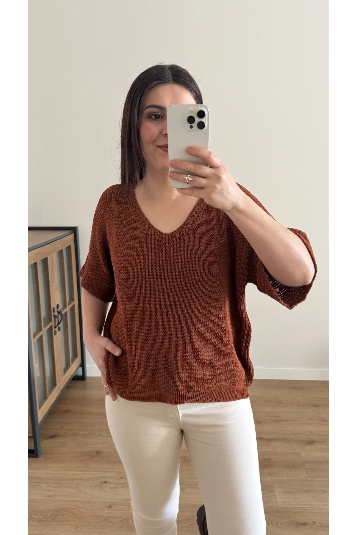 V Yaka Triko Örme Kahverengi İthal Bluz