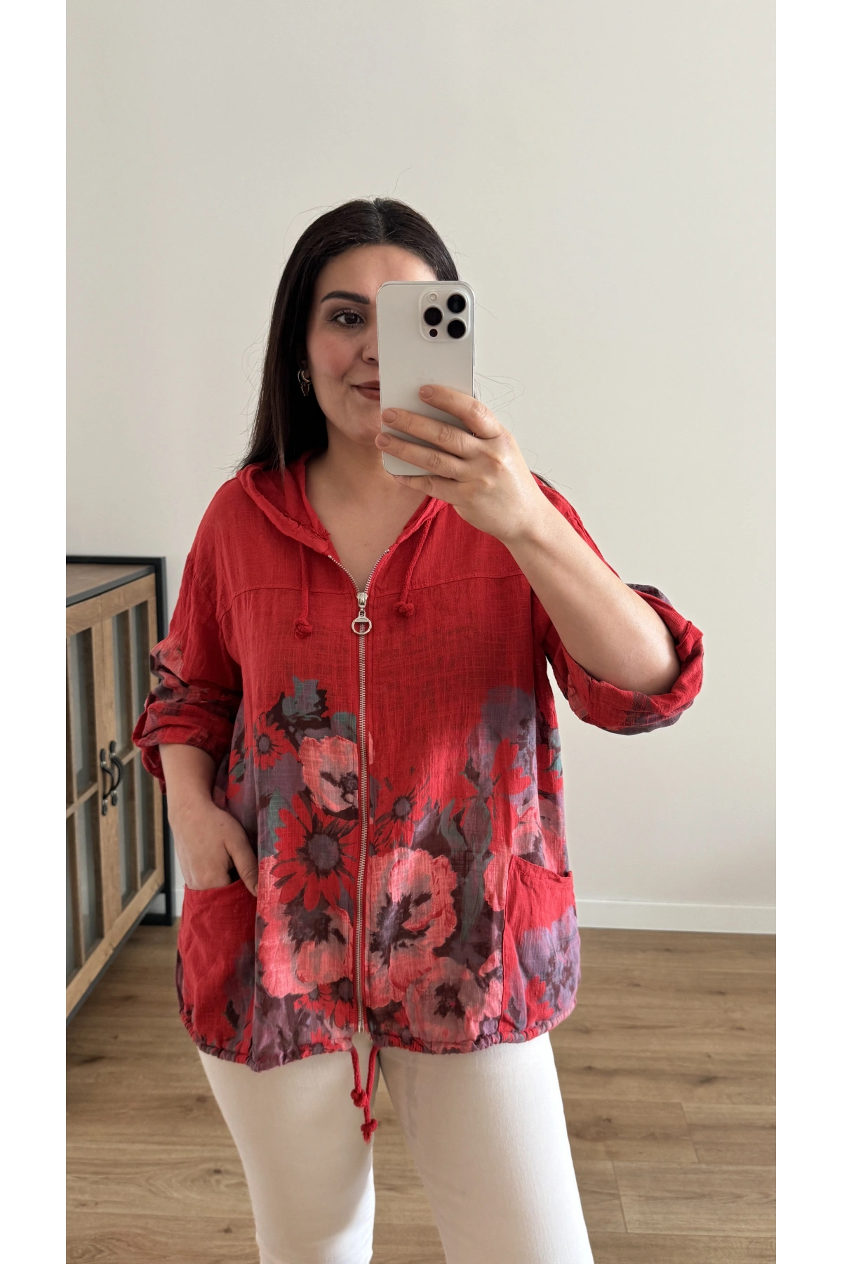 Çiçek Desenli Fermuarlı İthal Kırmızı Ceket