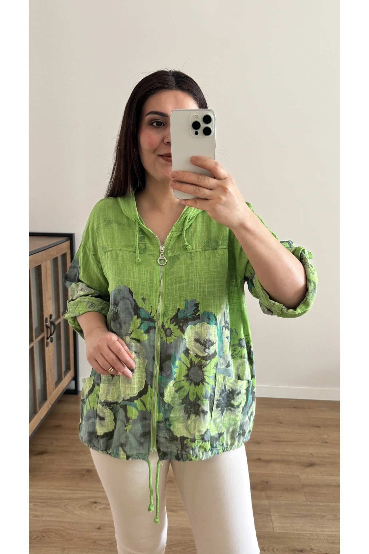 Çiçek Desenli Fermuarlı Yeşil İthal Ceket