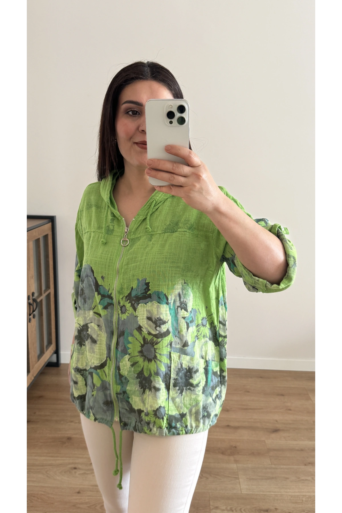 Çiçek Desenli Fermuarlı Yeşil İthal Ceket