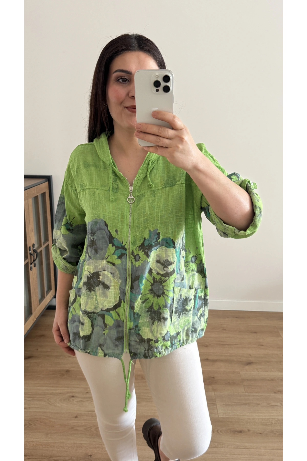 Çiçek Desenli Fermuarlı Yeşil İthal Ceket