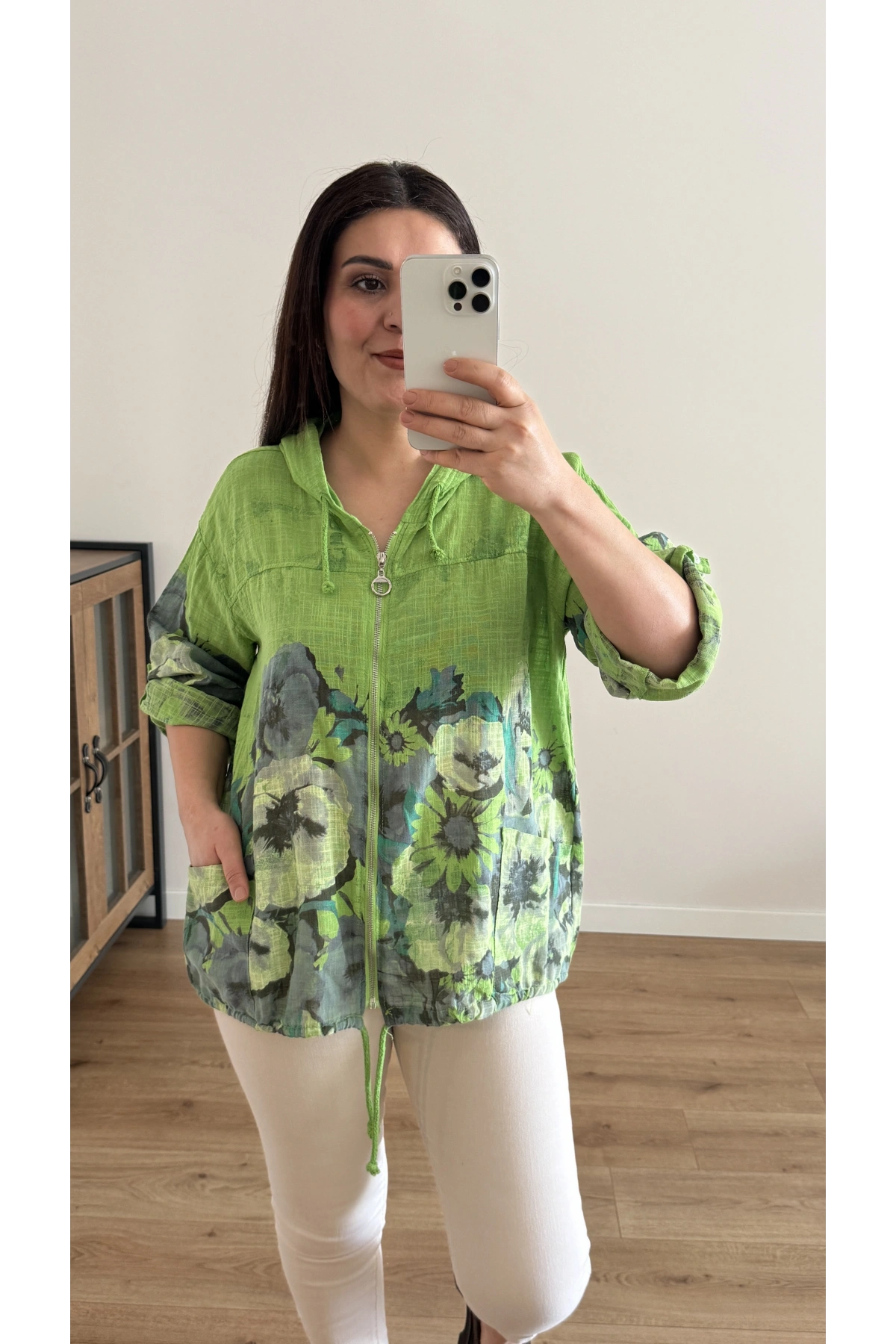 Çiçek Desenli Fermuarlı Yeşil İthal Ceket