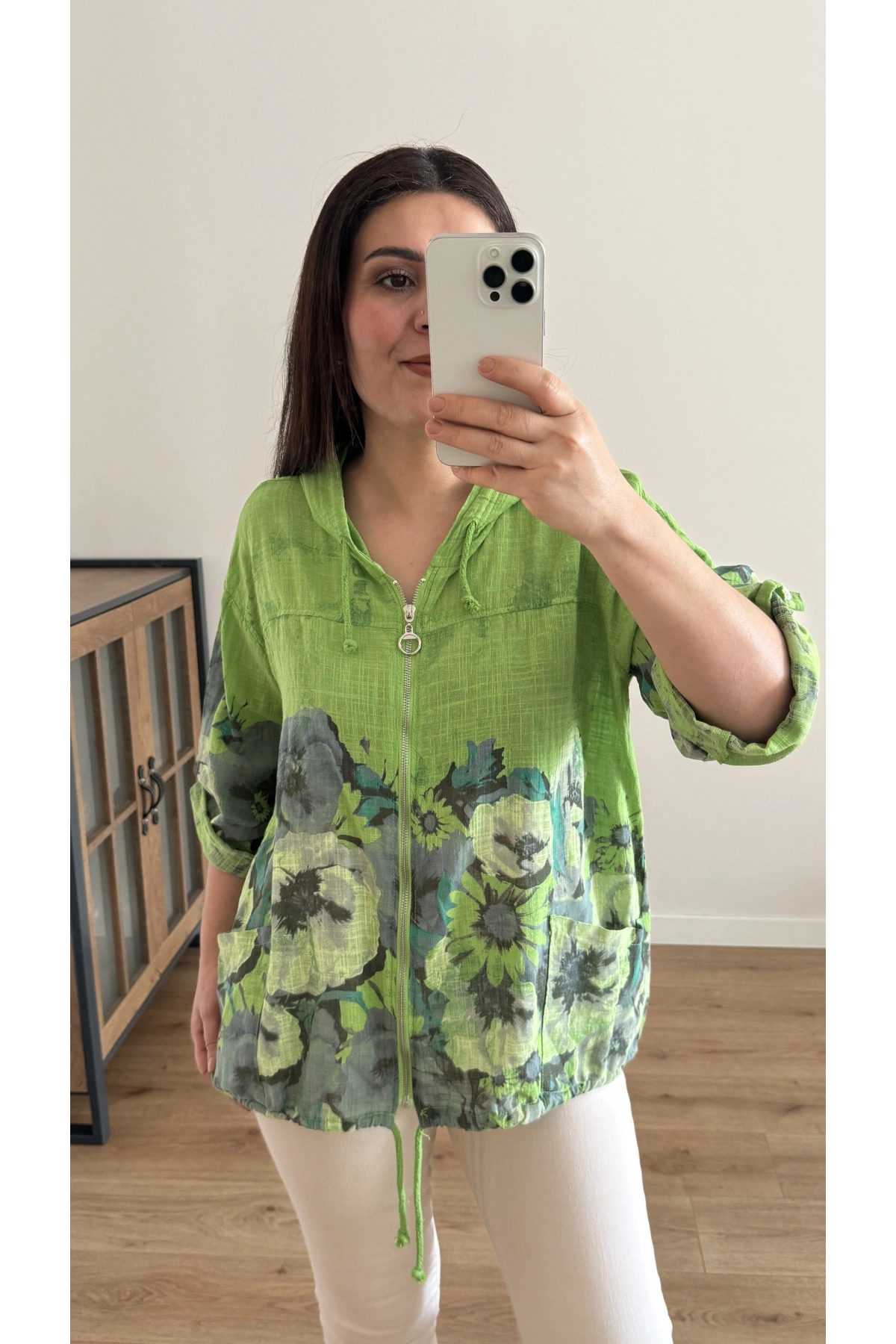 Çiçek Desenli Fermuarlı Yeşil İthal Ceket