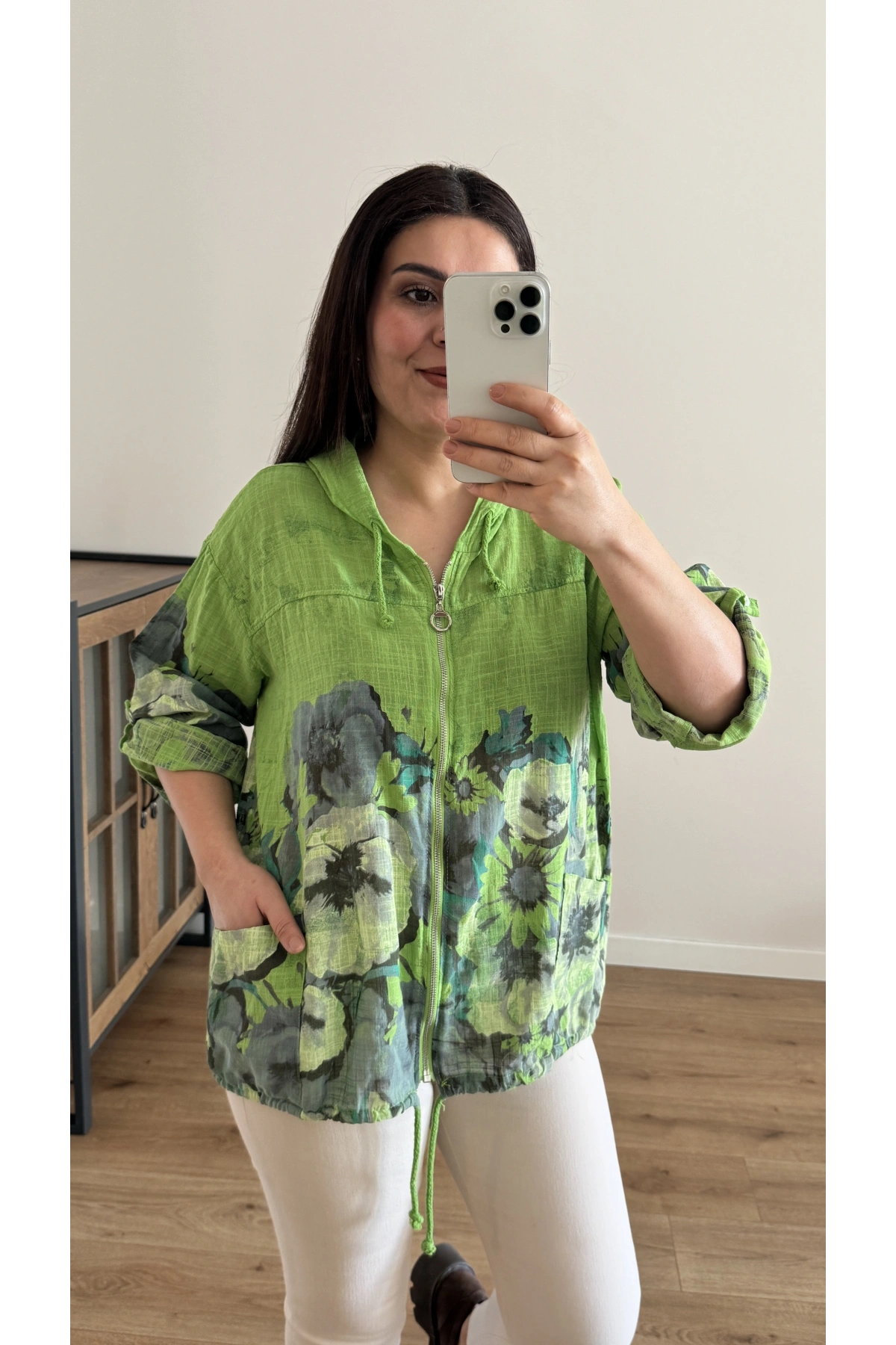 Çiçek Desenli Fermuarlı Yeşil İthal Ceket