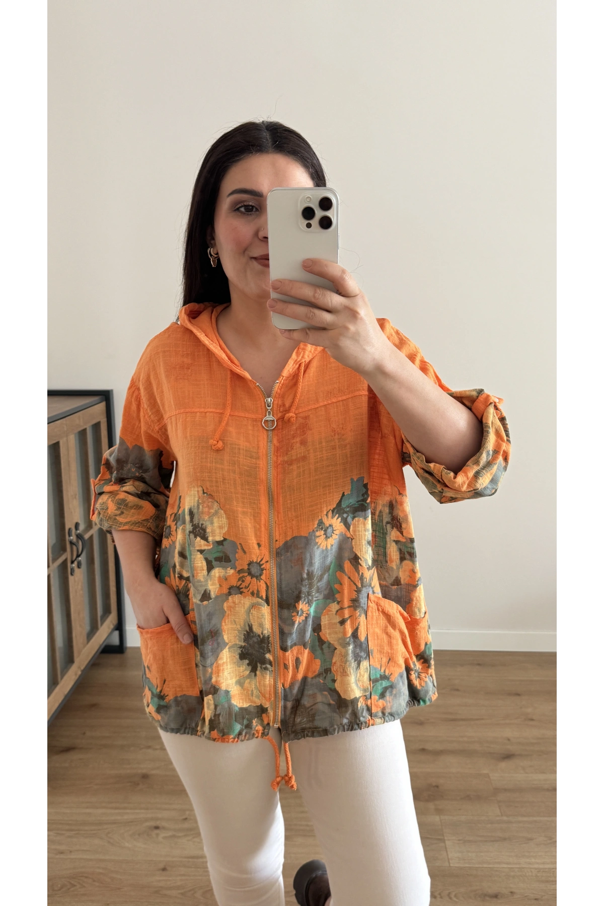 Çiçek Desenli Fermuarlı Turuncu İthal Ceket