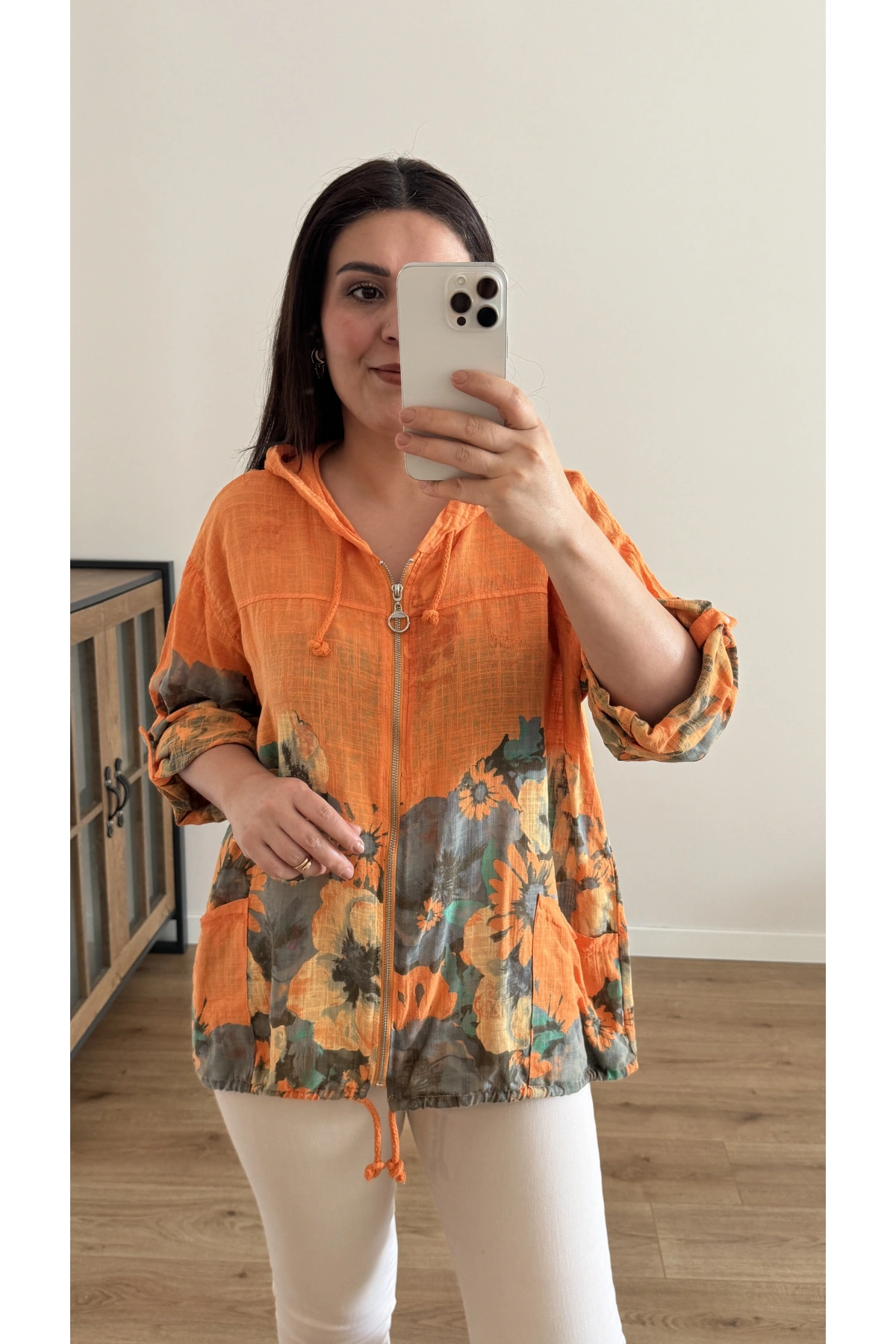 Çiçek Desenli Fermuarlı Turuncu İthal Ceket