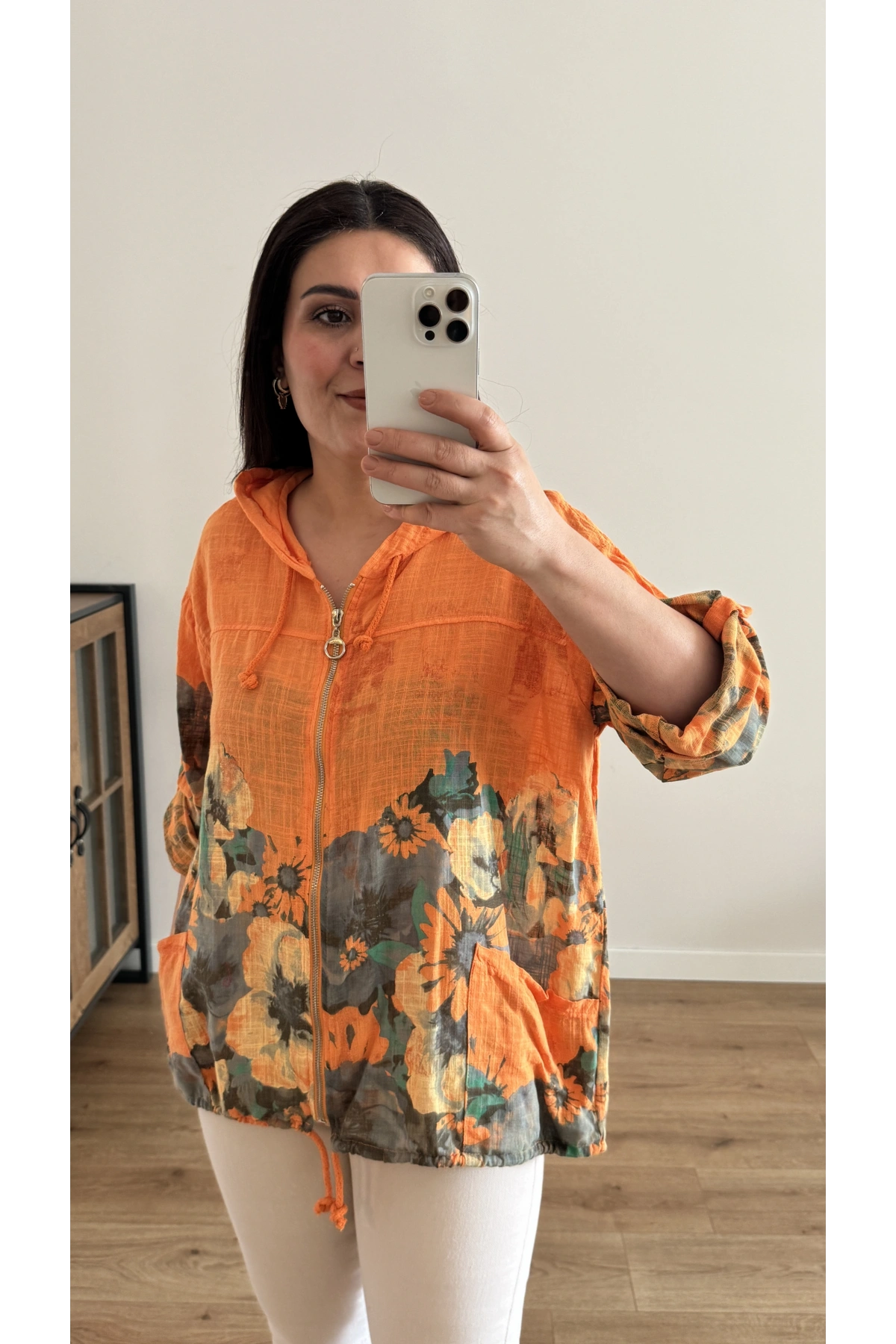 Çiçek Desenli Fermuarlı Turuncu İthal Ceket