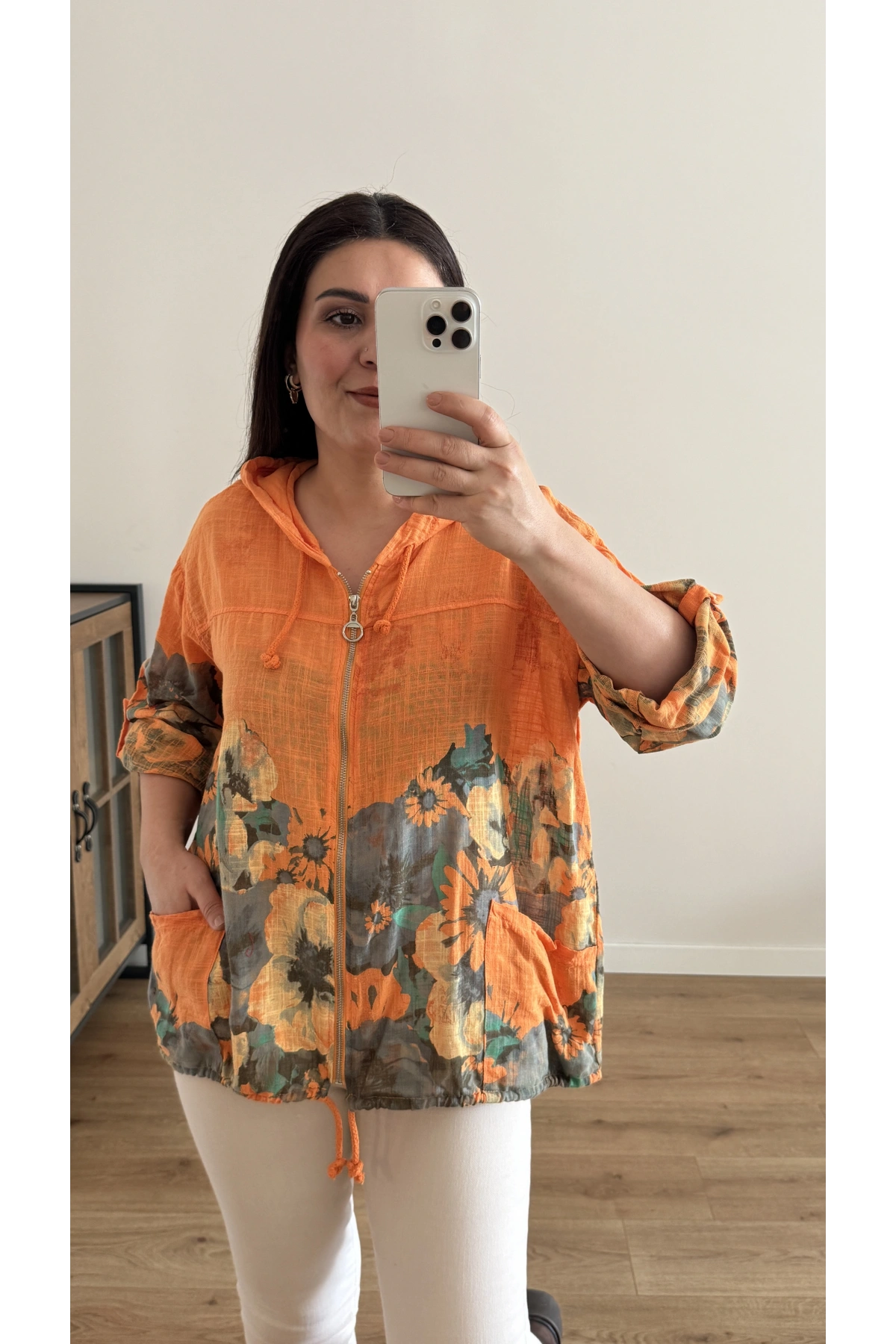 Çiçek Desenli Fermuarlı Turuncu İthal Ceket