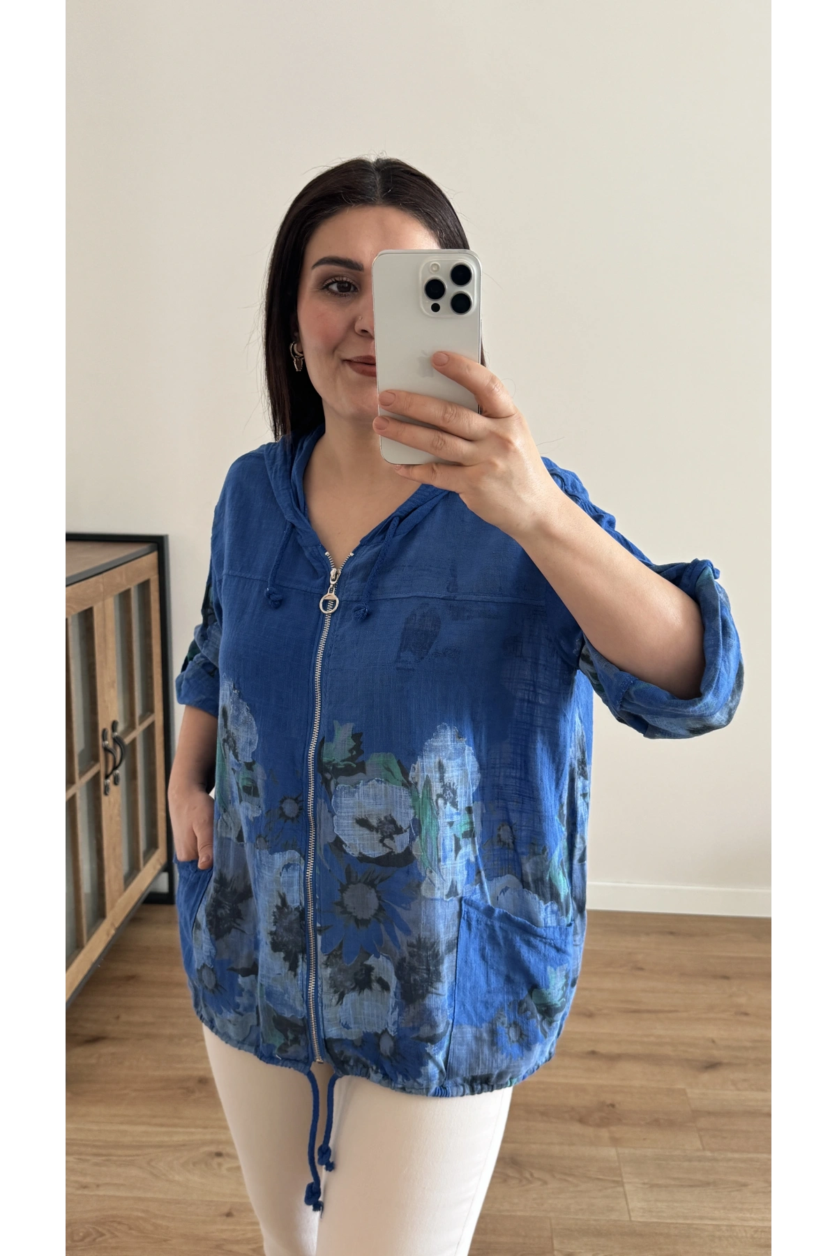 Çiçek Desenli Saks Mavi Fermuarlı İthal Ceket