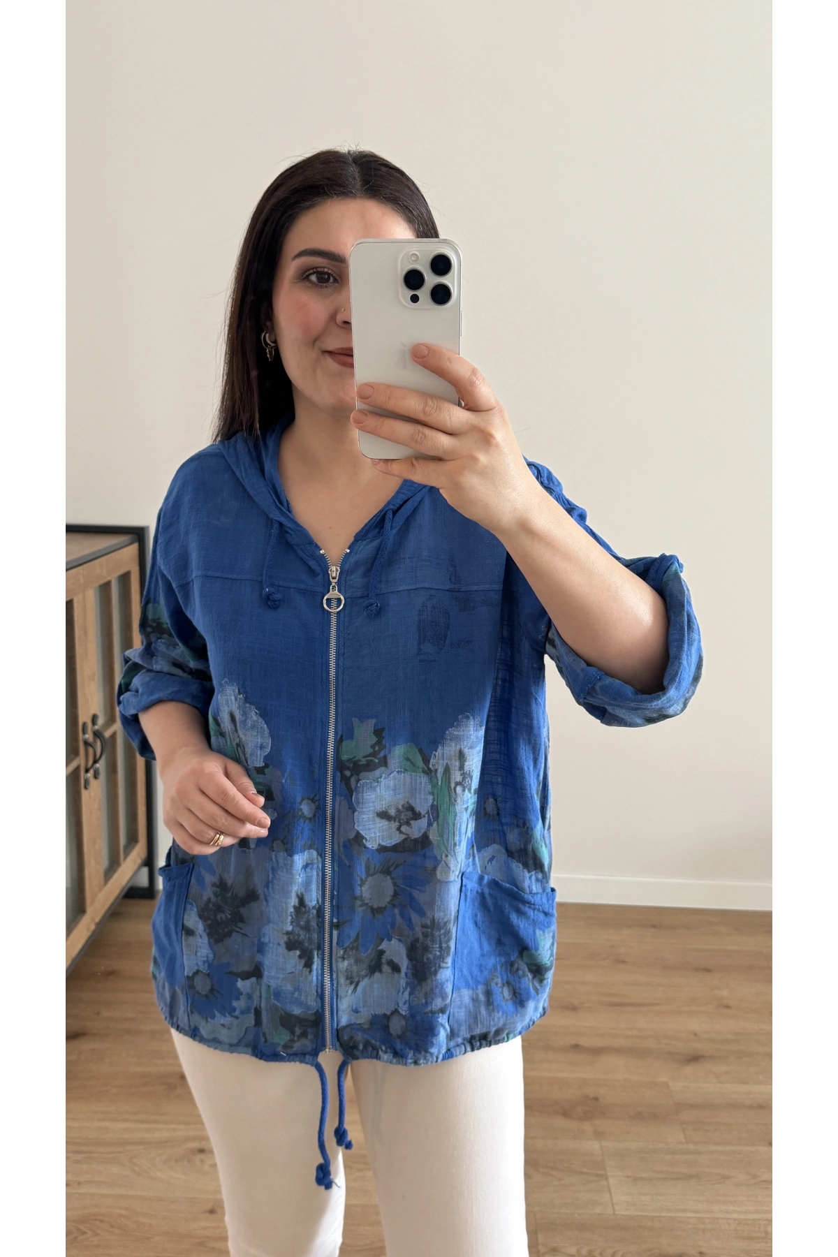 Çiçek Desenli Saks Mavi Fermuarlı İthal Ceket