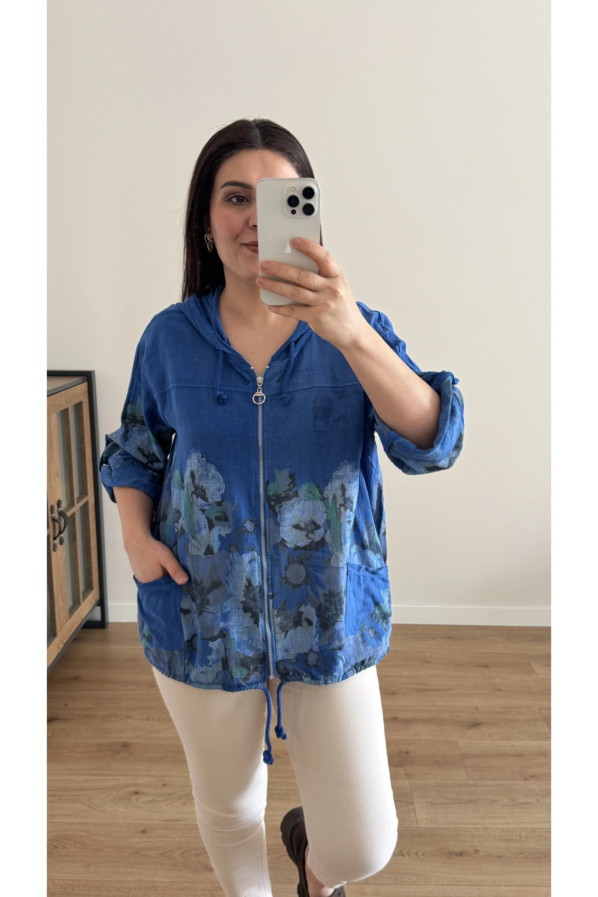 Çiçek Desenli Saks Mavi Fermuarlı İthal Ceket