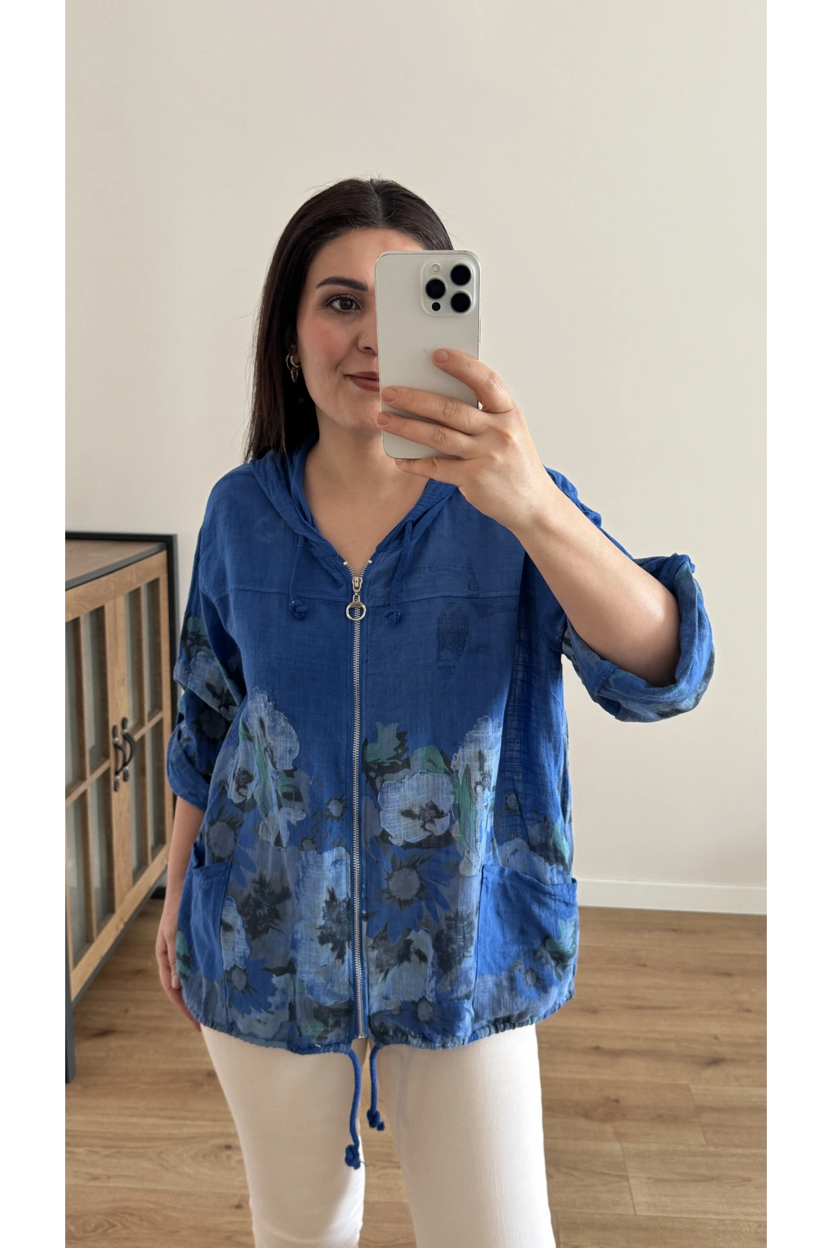 Çiçek Desenli Saks Mavi Fermuarlı İthal Ceket