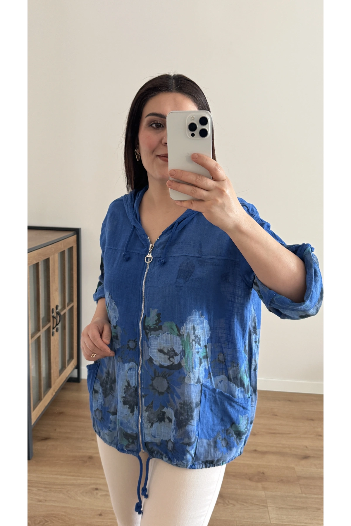 Çiçek Desenli Saks Mavi Fermuarlı İthal Ceket