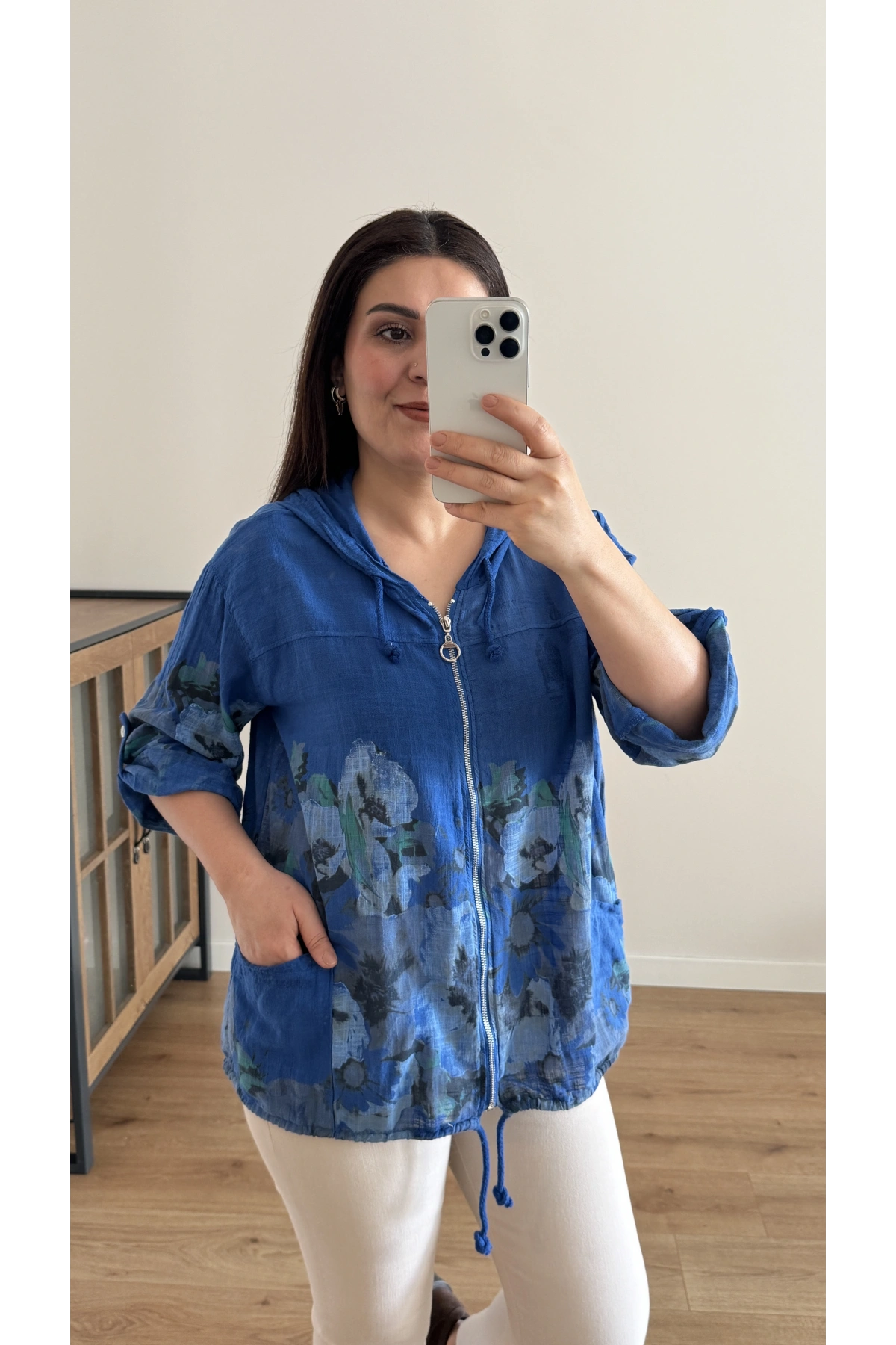 Çiçek Desenli Saks Mavi Fermuarlı İthal Ceket