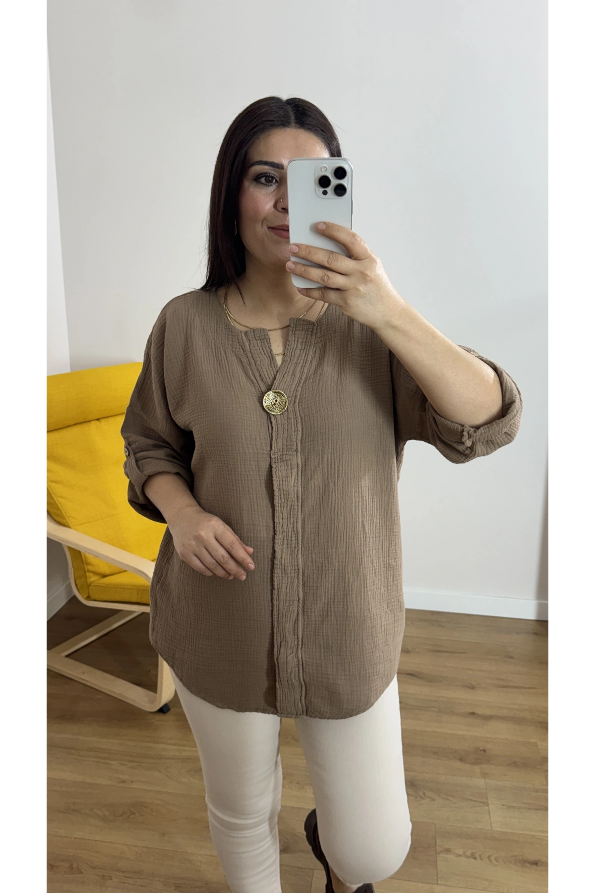 Dirsek Kol Kahverengi Müslin Bluz