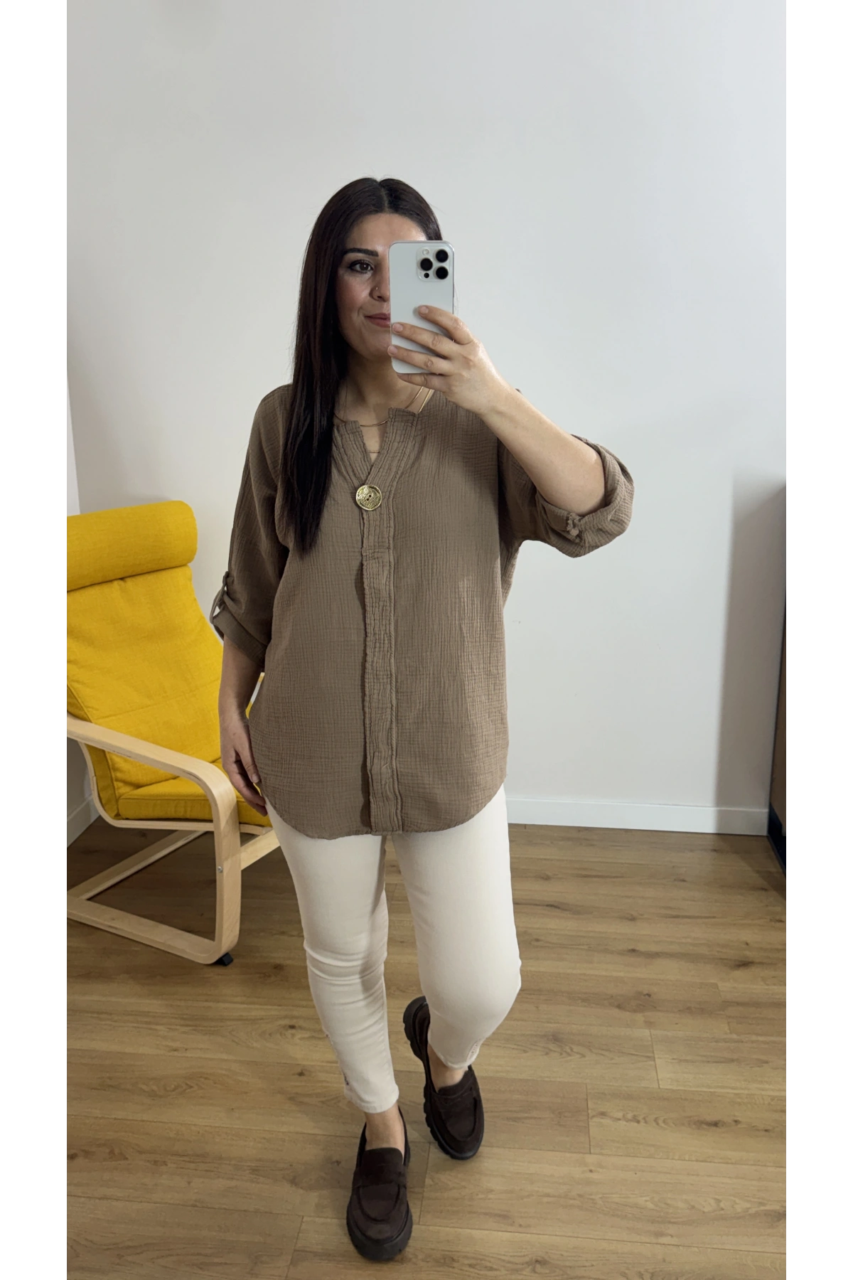 Dirsek Kol Kahverengi Müslin Bluz