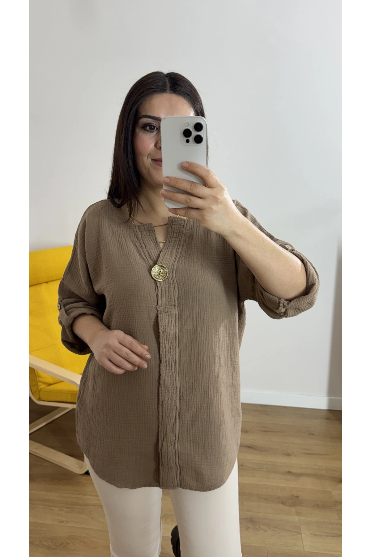 Dirsek Kol Kahverengi Müslin Bluz