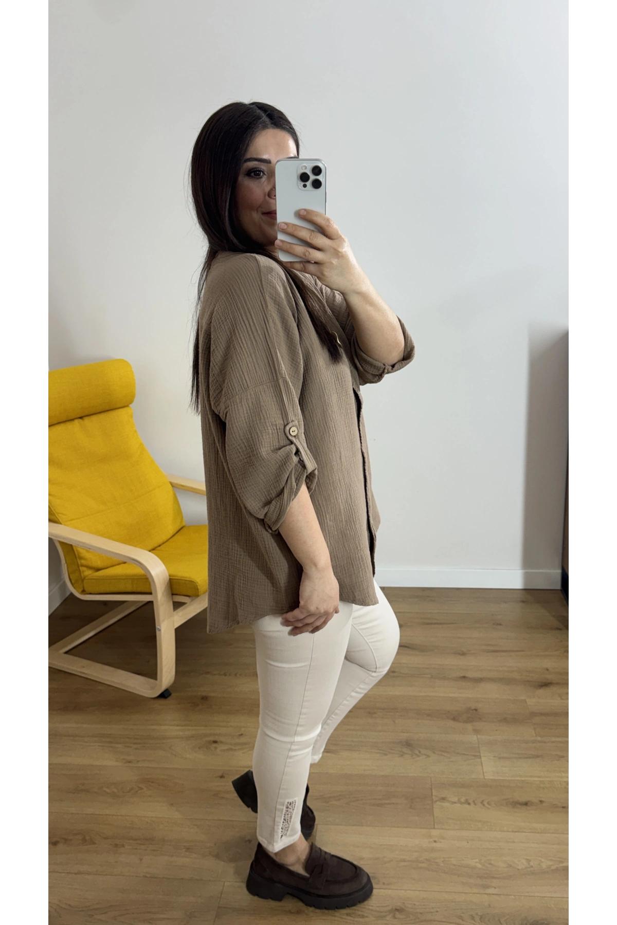 Dirsek Kol Kahverengi Müslin Bluz