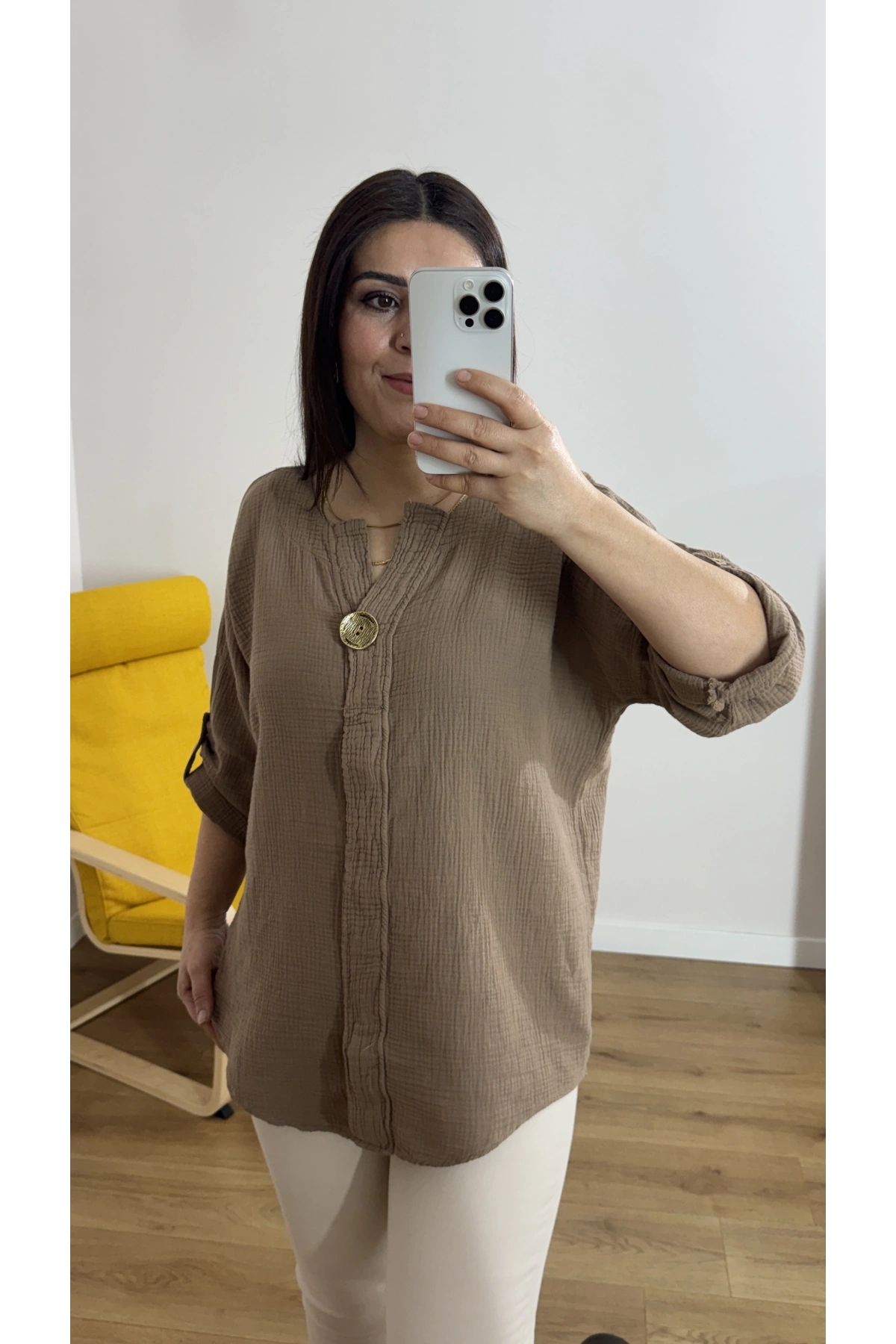 Dirsek Kol Kahverengi Müslin Bluz