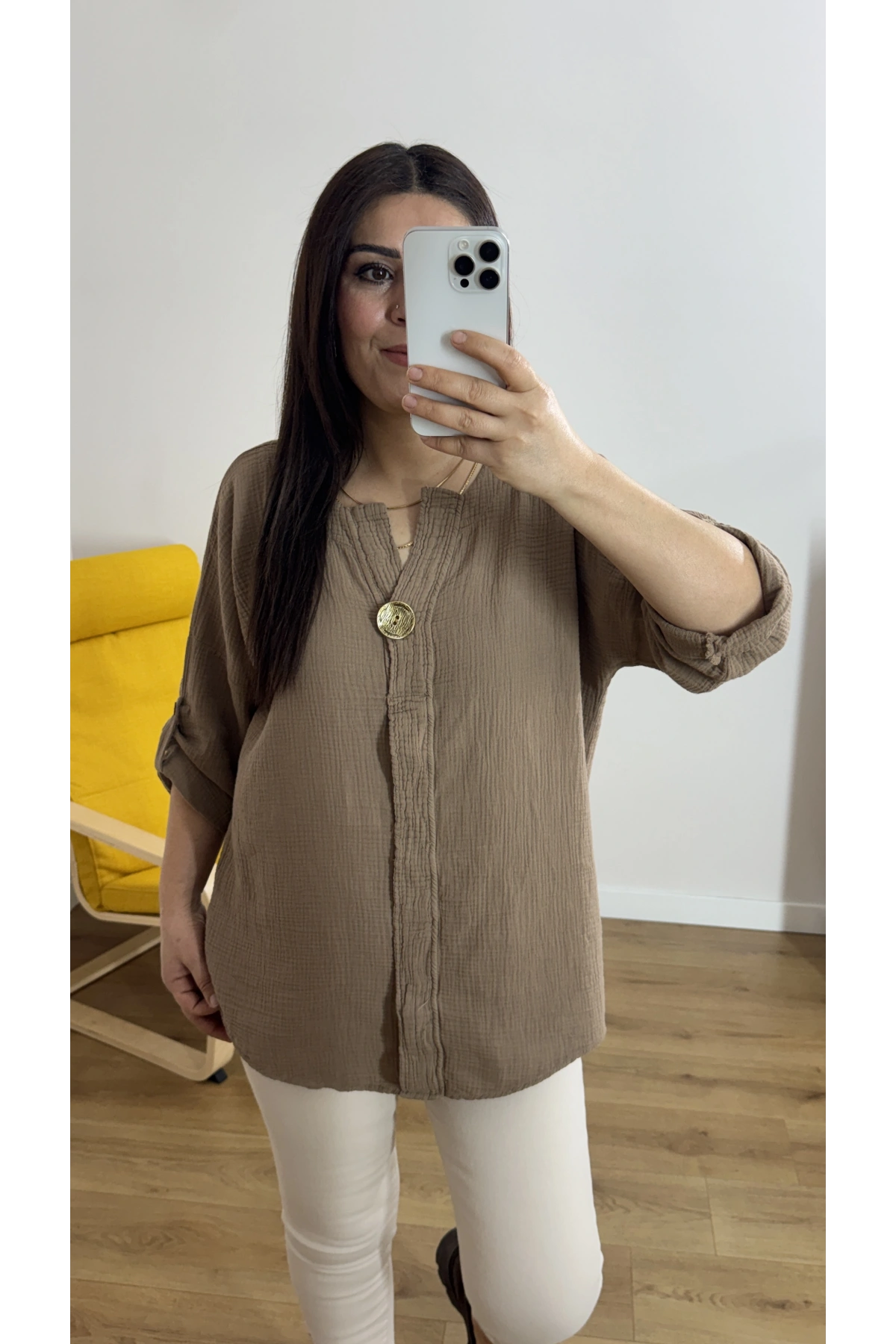 Dirsek Kol Kahverengi Müslin Bluz